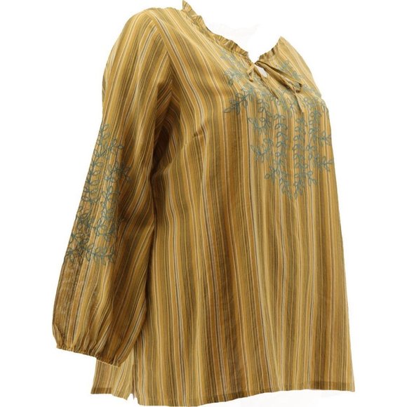 NWT LOGO BY LORI GOLDSTEIN STRIPED WOVEN EMBROIDERED BLOUSE VINTAGE GOLD MEDIUM - Picture 9 of 14